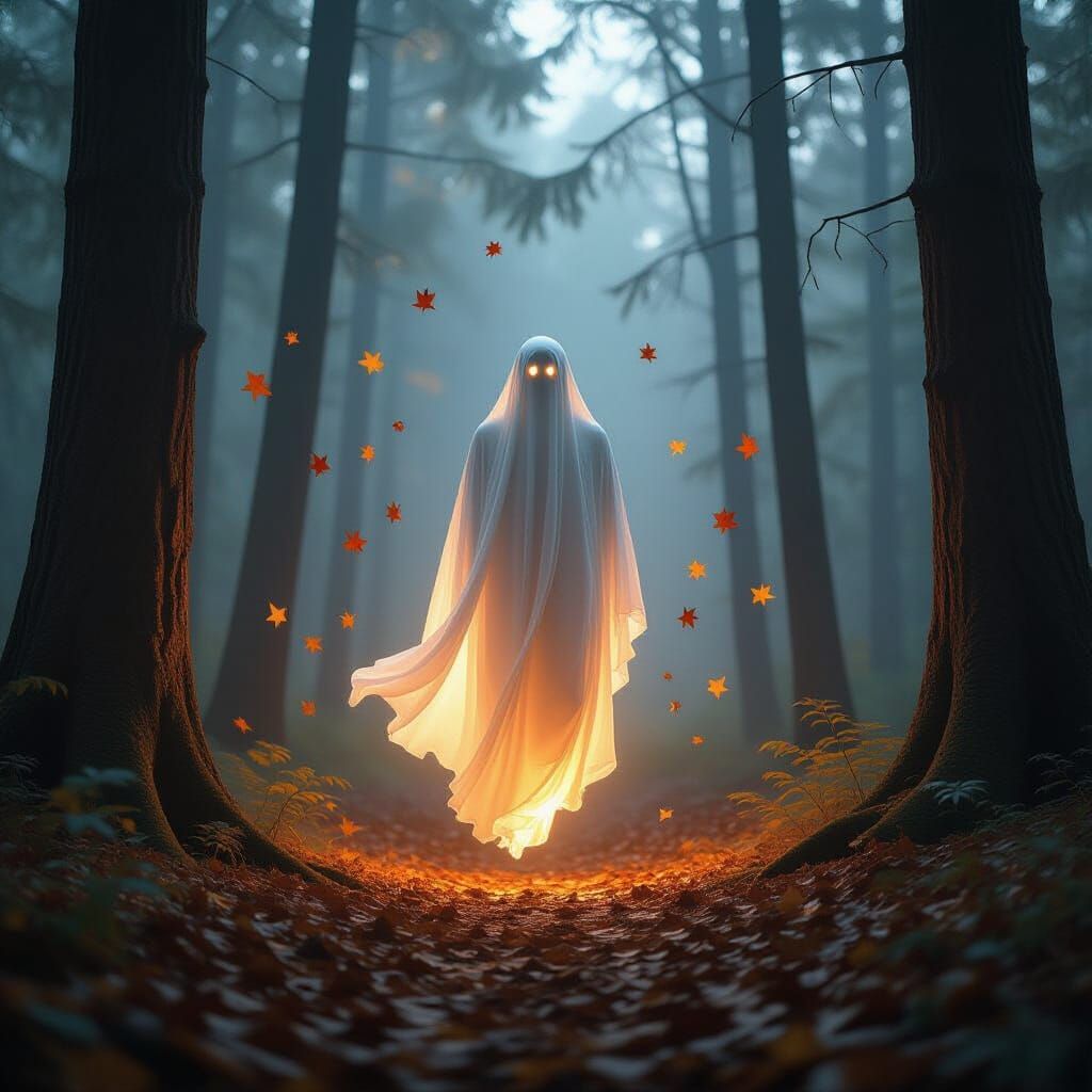 Luminous Ghostly Figure in Misty Forest