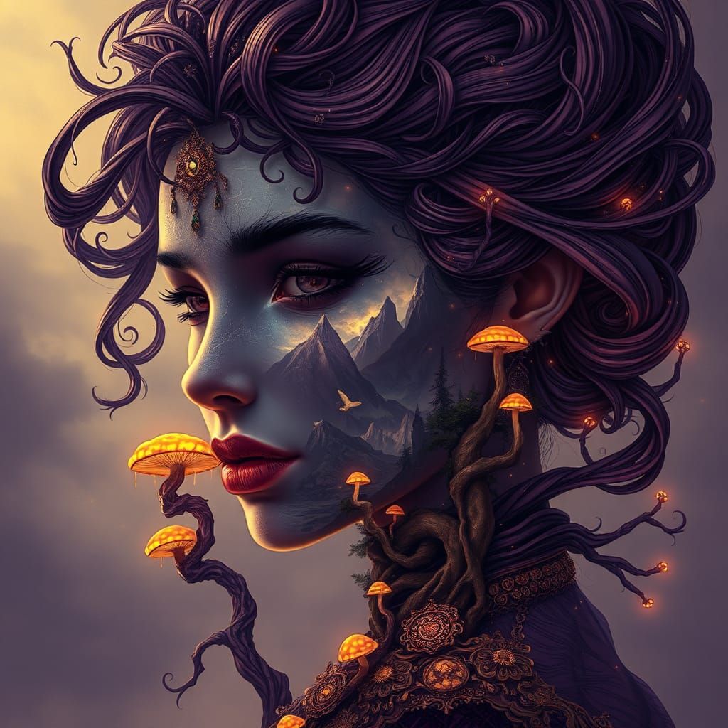 Enchanted Land Reflected in Woman's Face