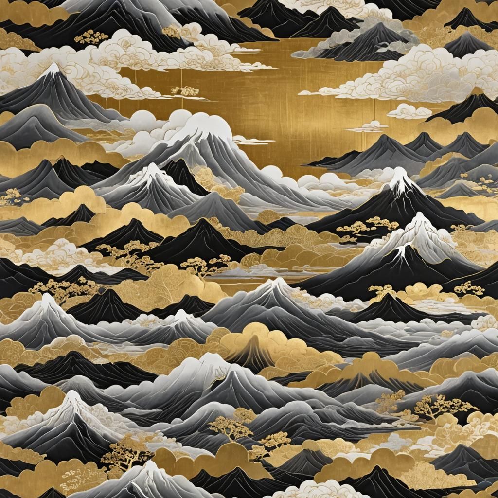 Golden Foil Landscape with Mountains in Ukiyo-e Style