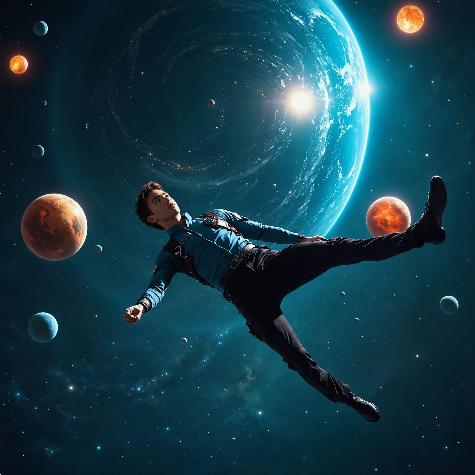 A young handsome man floating in the air upside down; with h...