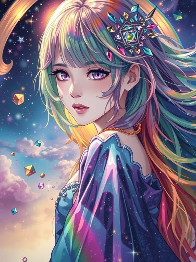 Anime Stardust Woman with Rainbow Hair