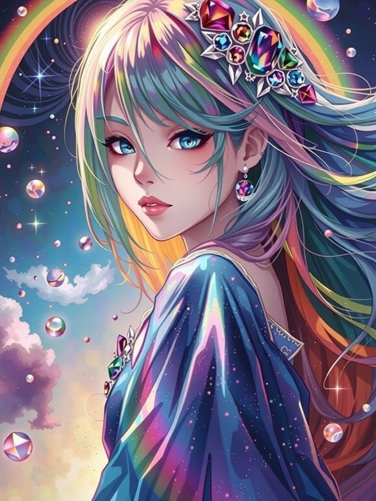 Anime Woman with Rainbow Hair and Stardust Dress