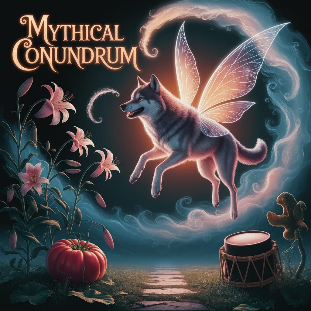 Winged Wolf Soaring Above Bleeding Lilies