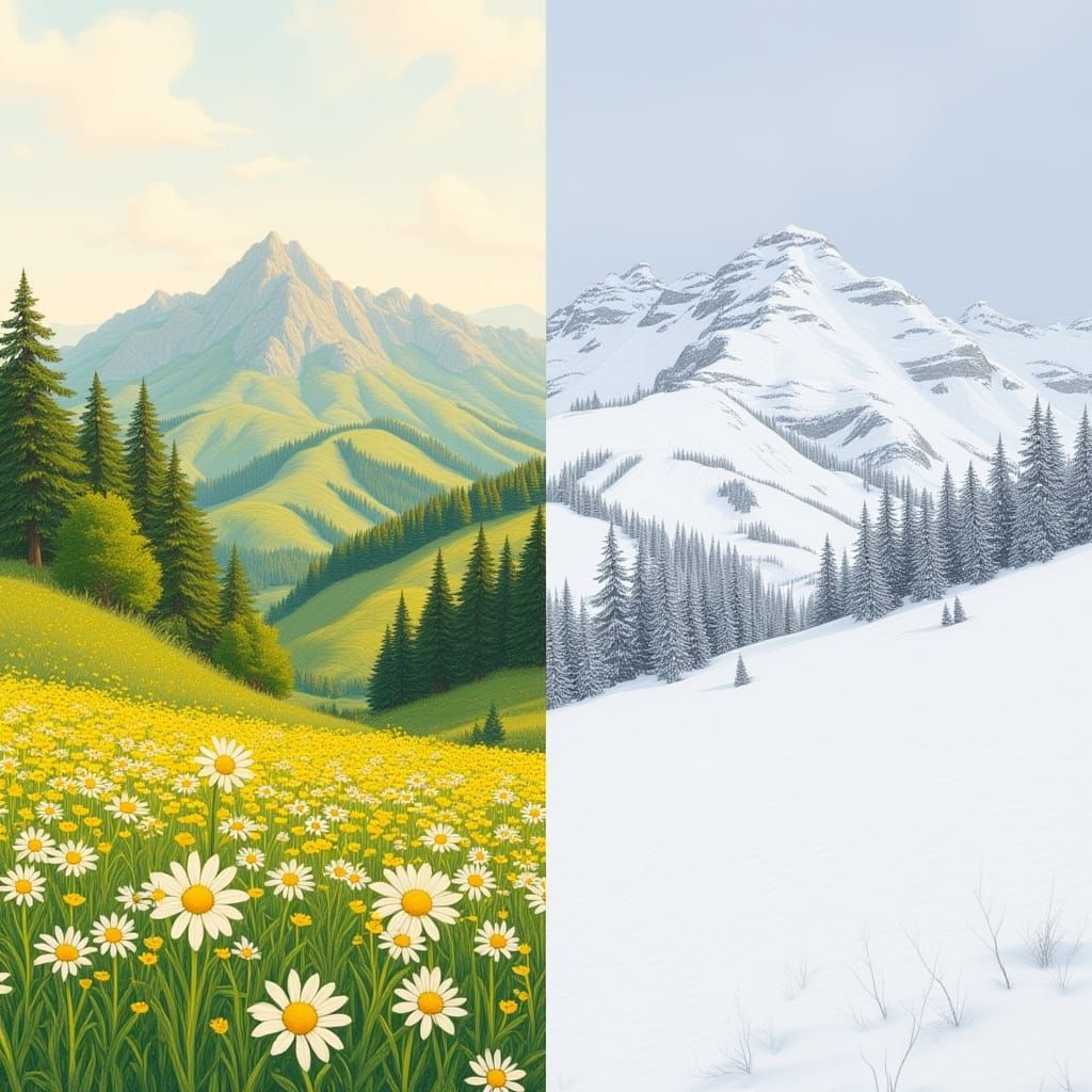 Summer to Winter Valley Transition in Watercolour Style