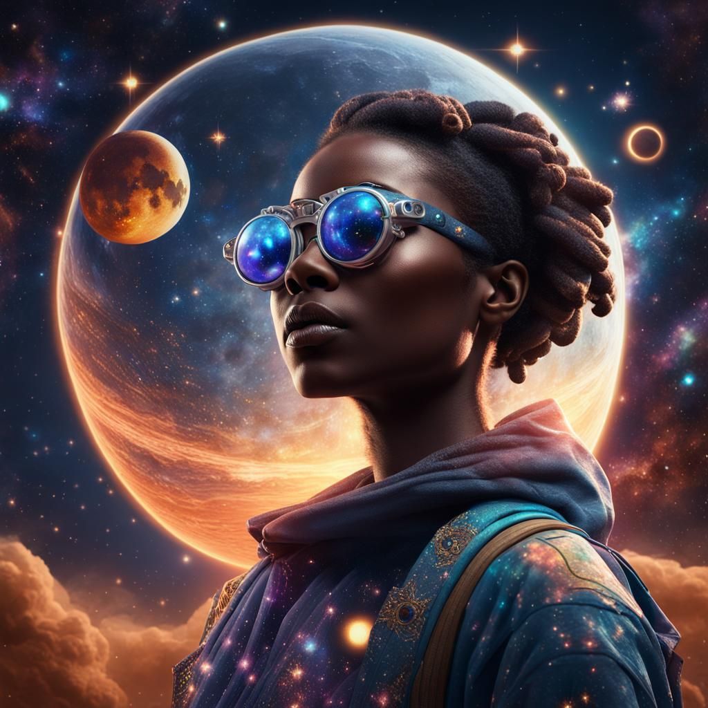 Woman with Camera Glasses in Galaxy: Digital Art
