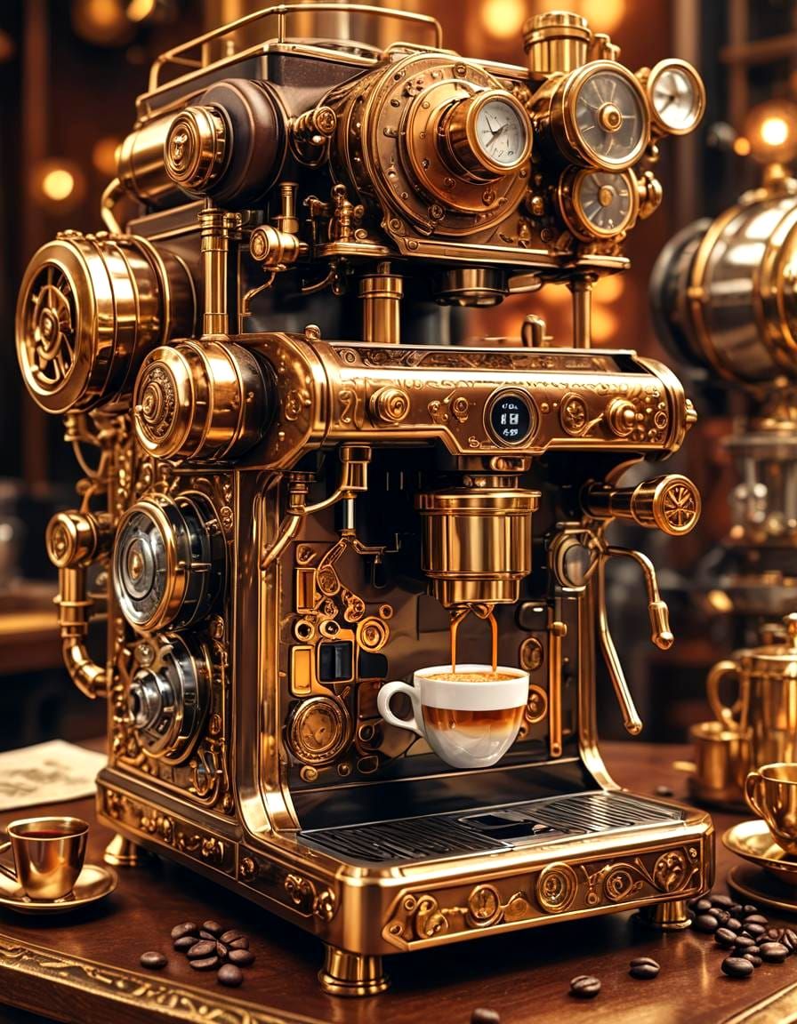 Intricate Steampunk Coffee Machine on Golden Table