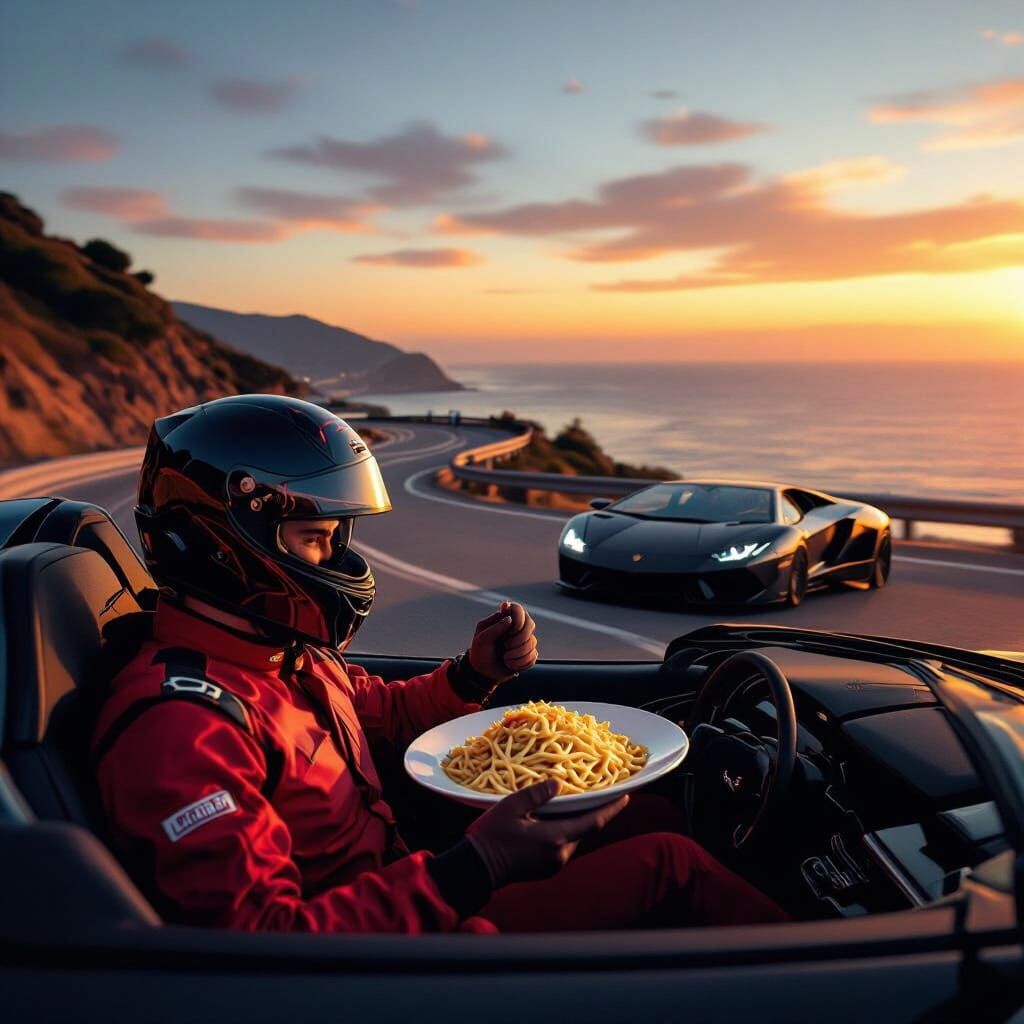Man Eats Carbonara Driving Lamborghini at Sunset