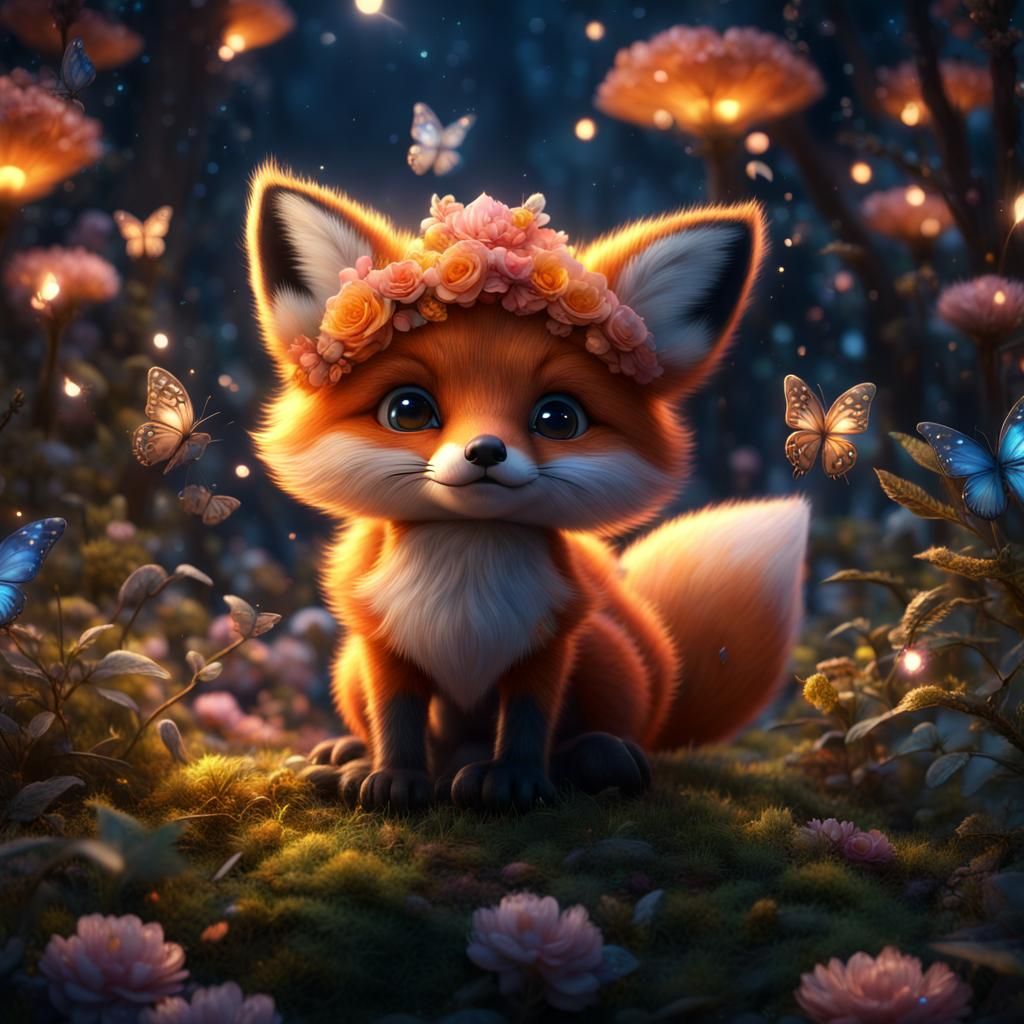 Cute Baby Fox in Enchanted Galaxy Forest