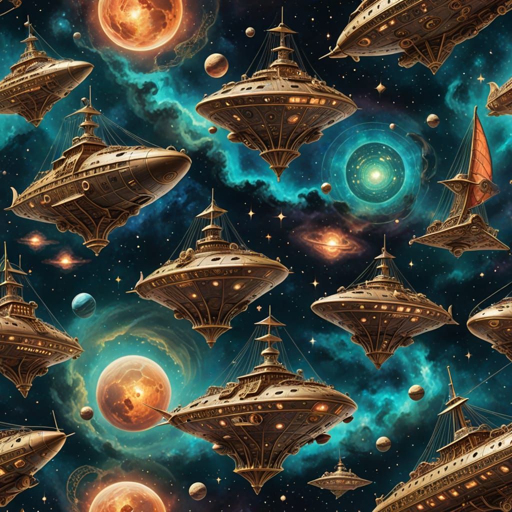 Victorian Spaceships in Vibrant Nebula