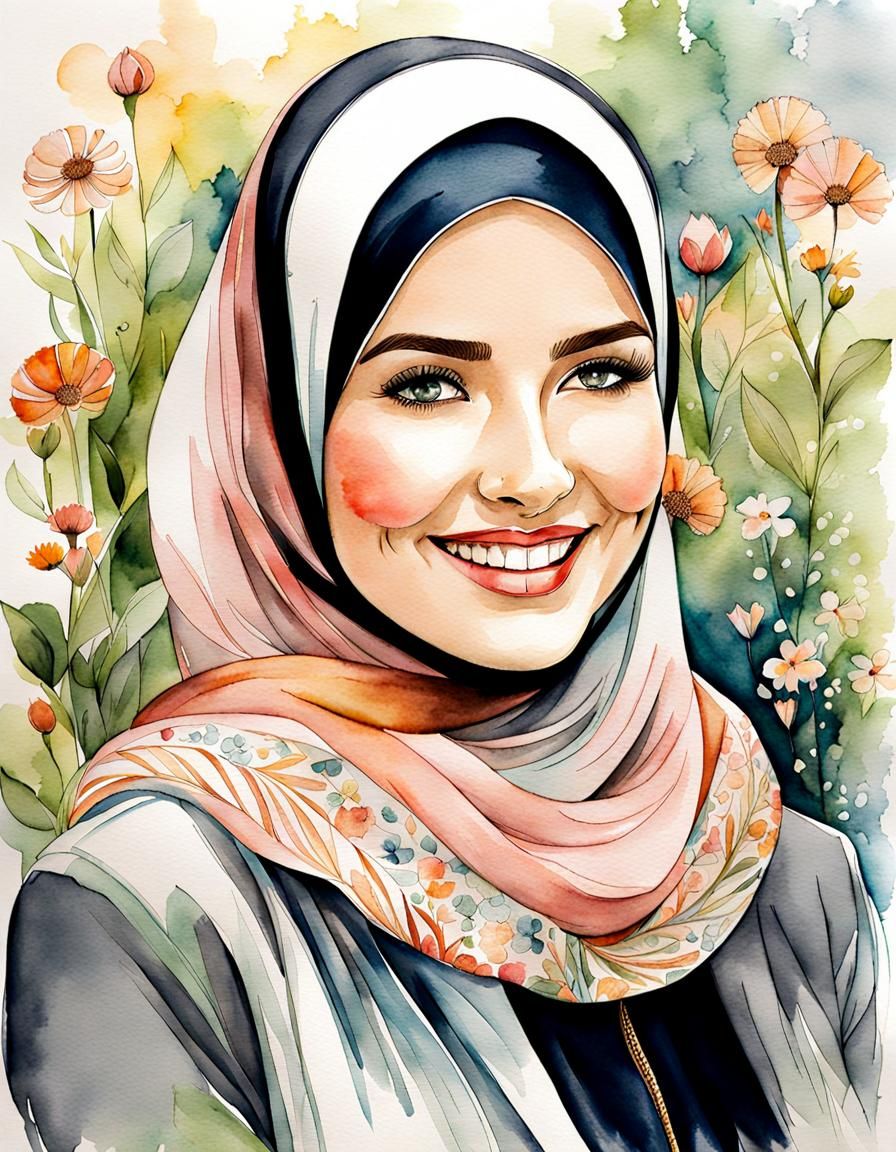 Beautiful Woman with Hijab in Watercolor Style