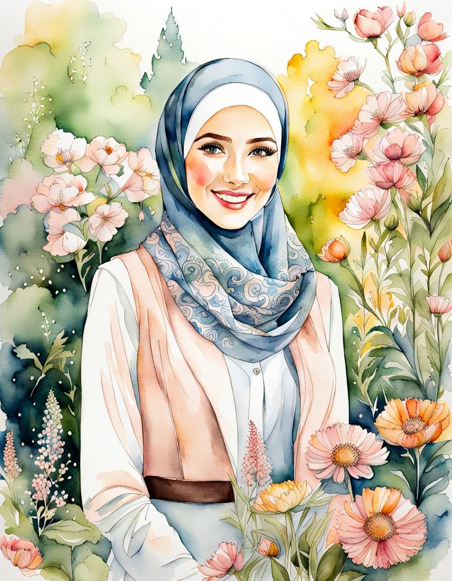 Smiling Woman in Hijab in Garden: Watercolor Art