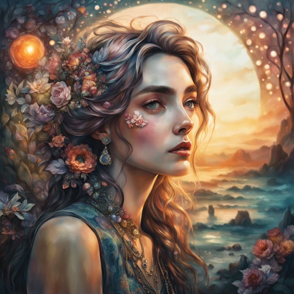 Surreal Woman Portrait in Muted Watercolor Style