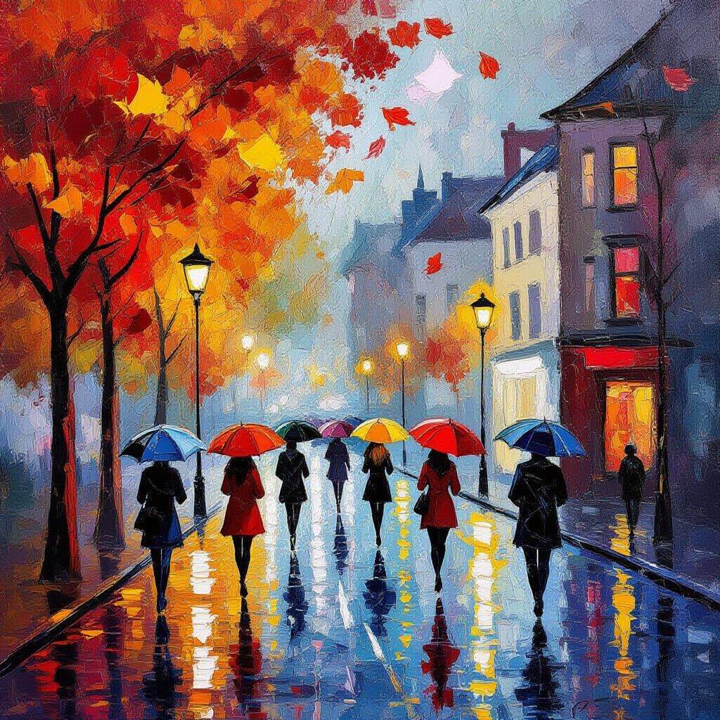 Abstract Expressionist Rain Scene with Autumn Leaves