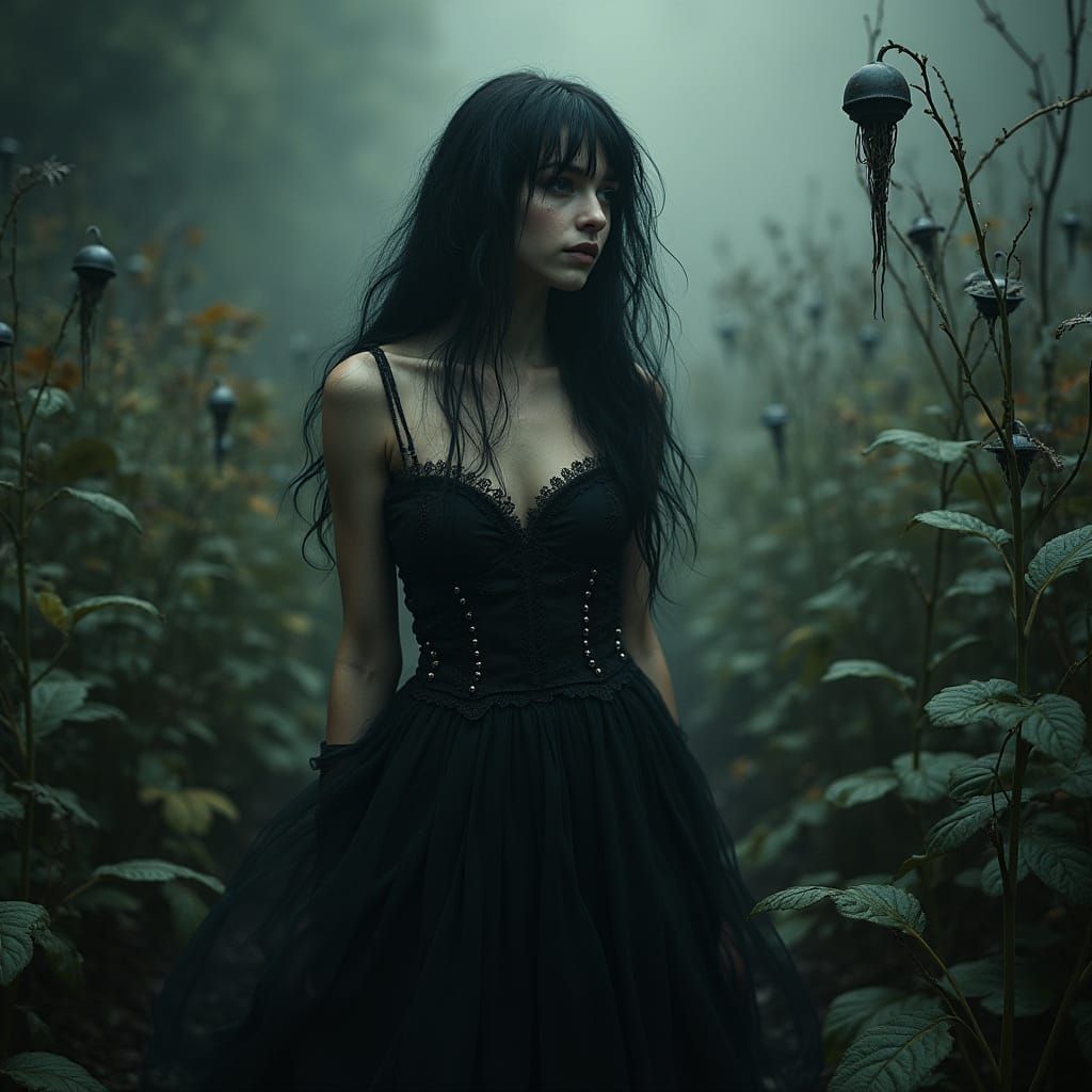 Mysterious Woman in Dark Dress with Venomous Plants