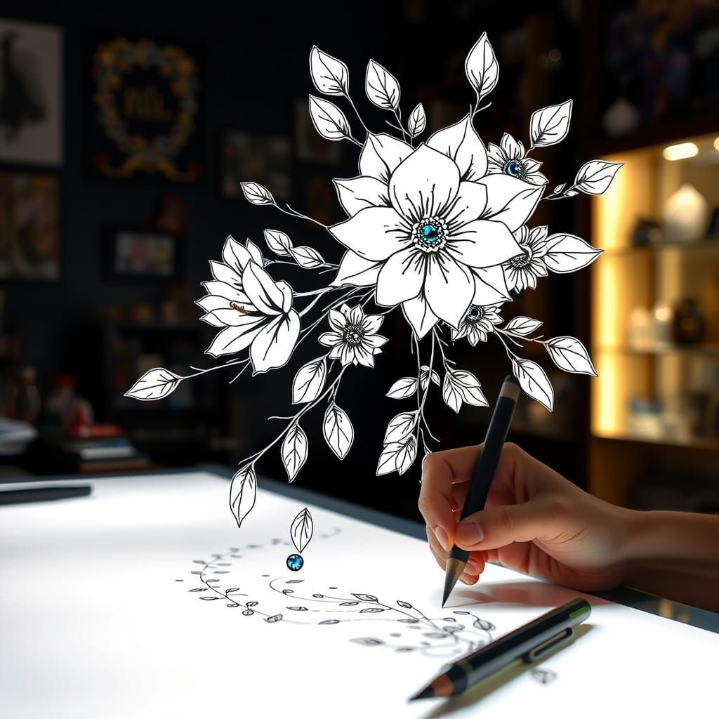 Floral Fine Line Art Flash Tattoo Design