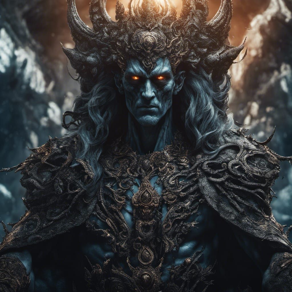 Hyperrealistic Hades in the Underworld with Glowing Eyes