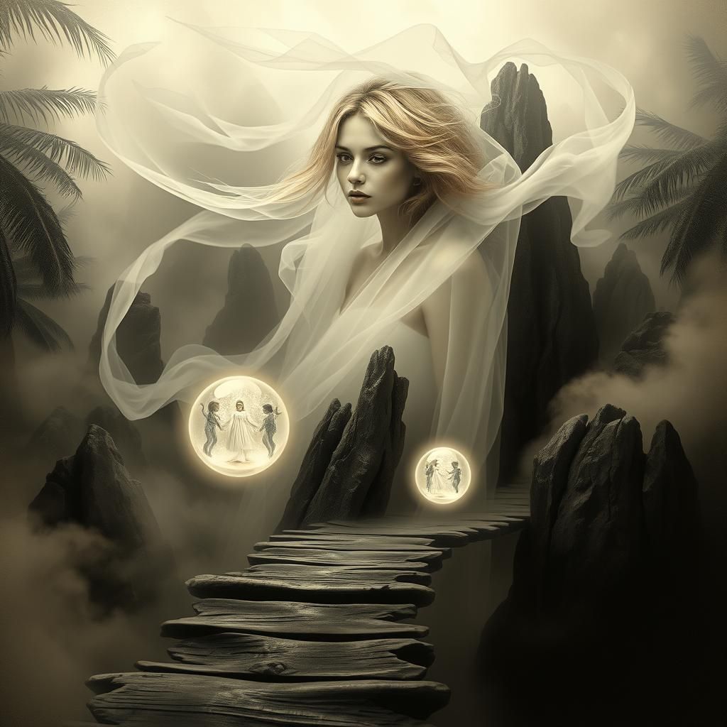 Ethereal Portrait: Dreamy Greyscale Scene with Spirit Orbs
