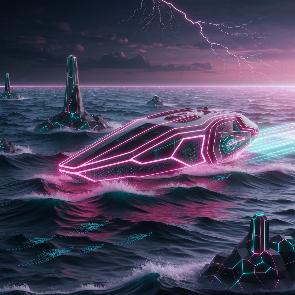 Glowing Tron-Grid Ocean World with Neon Lightship