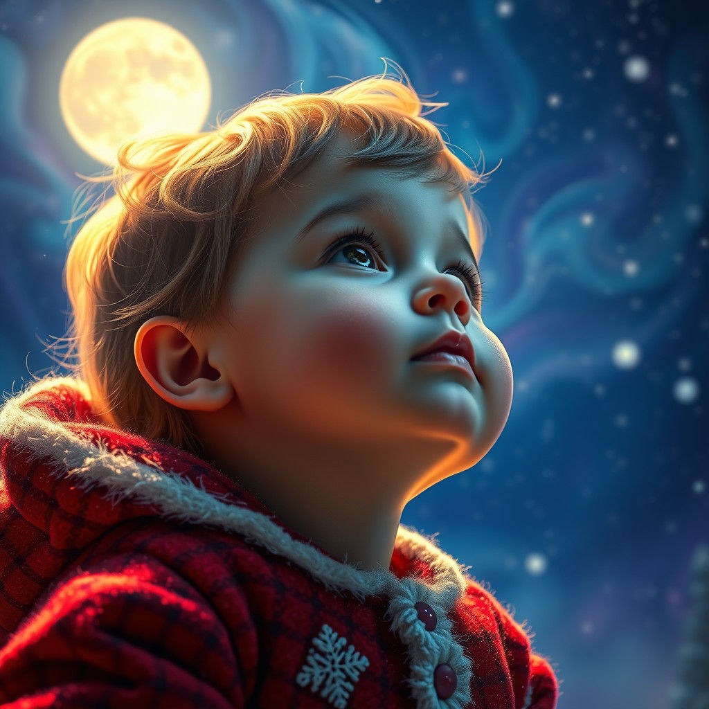 Child in Christmas Clothes Gazing at Starry Sky