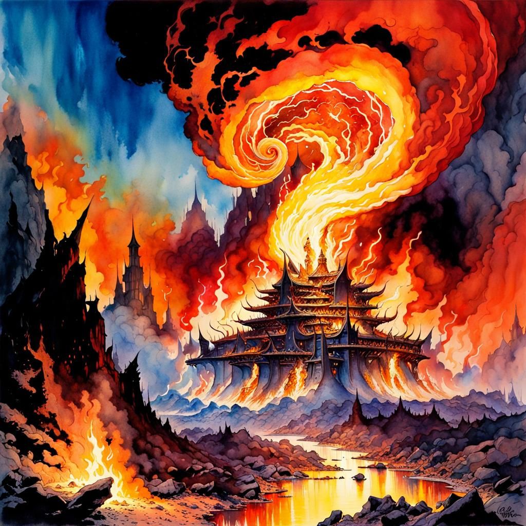 Blazing Firescape in Watercolor Style