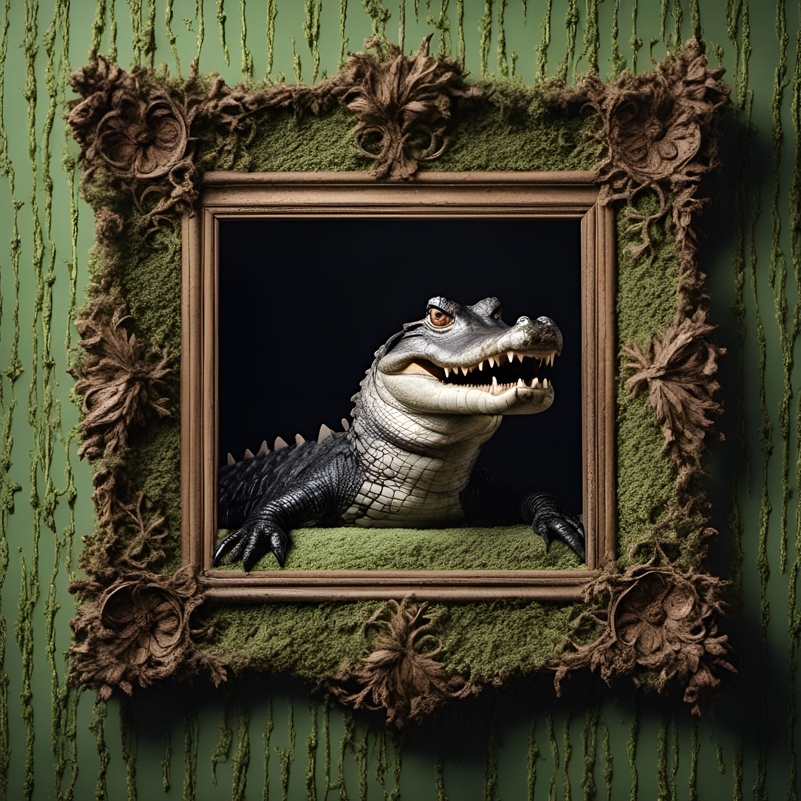 Alligator Posing Behind Picture Frame in Swamp