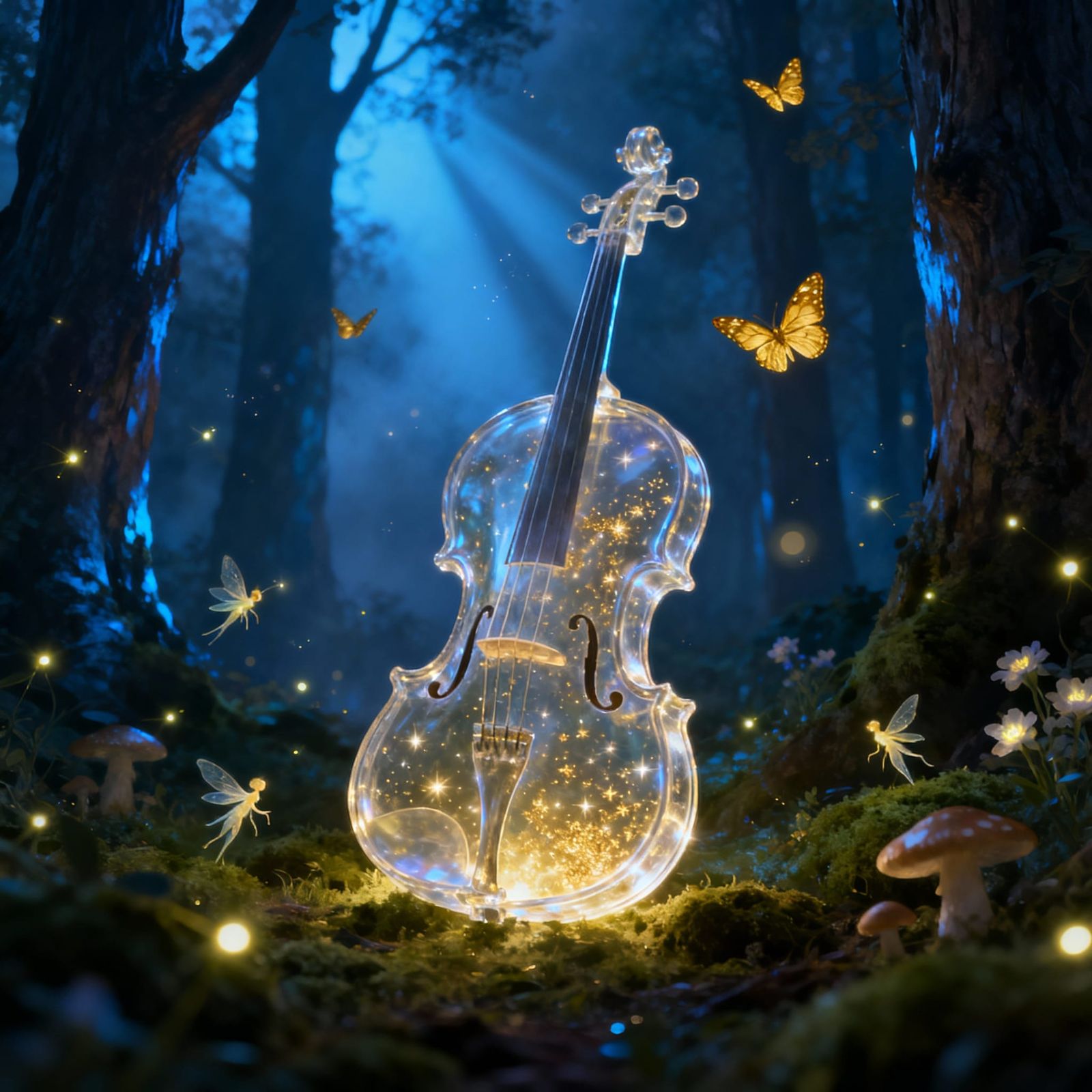Glowing Glass Cello in Enchanted Forest Twilight