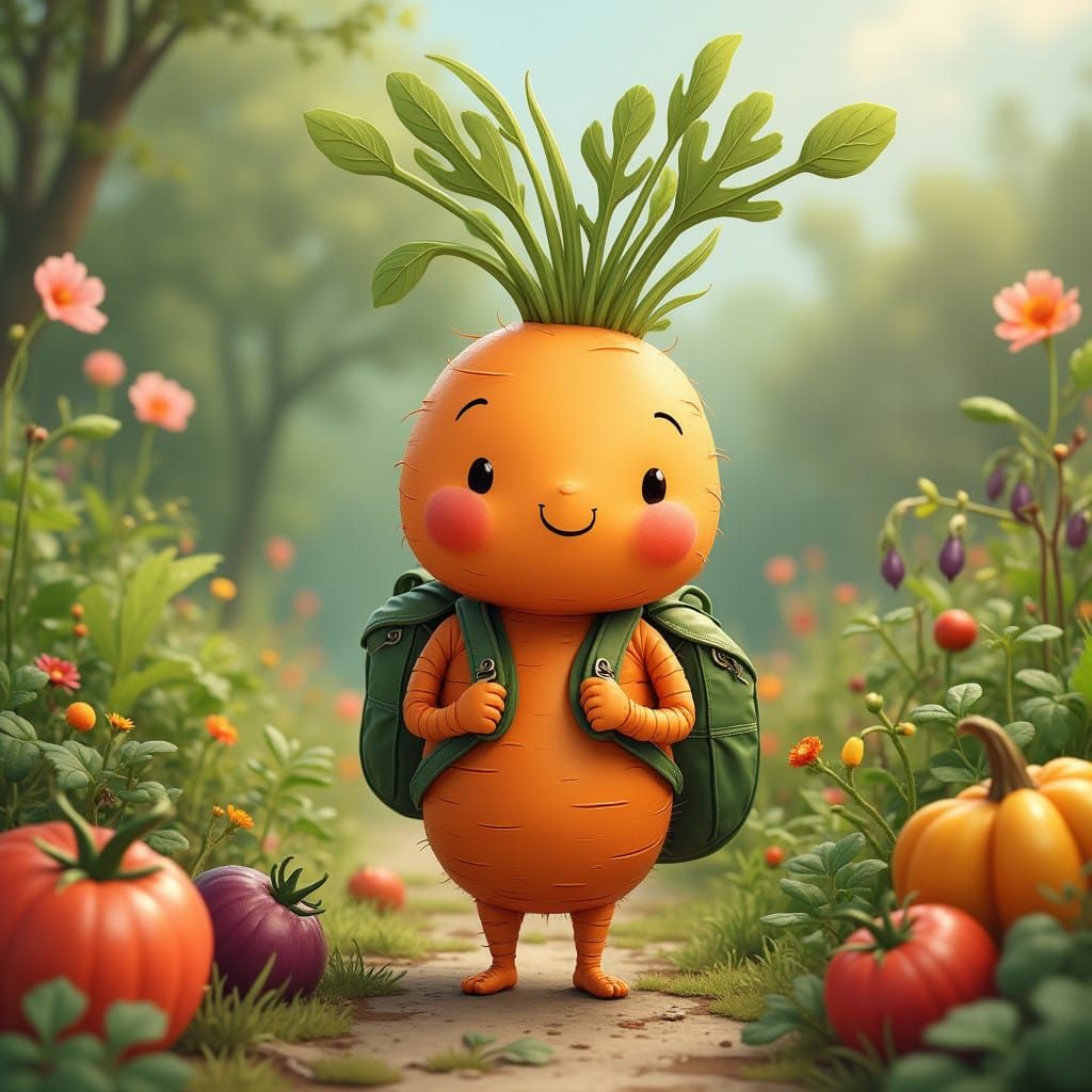 Whimsical Carrot in a Lush Vegetable Garden, Inspired by Cla...
