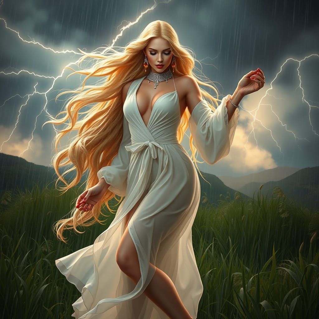 Regal Goddess Dancing in Stormy Meadown with Amber Gemstones
