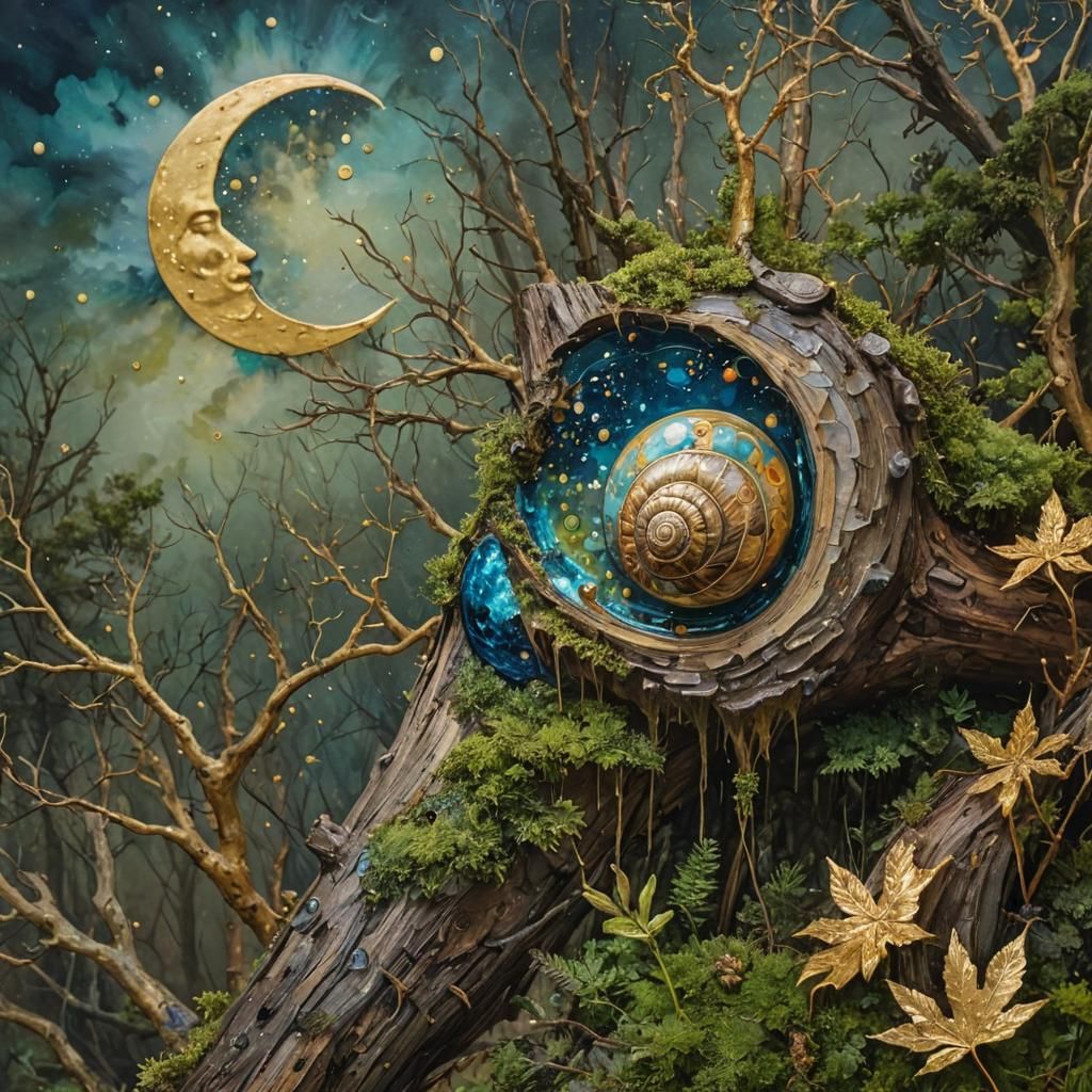 Bioluminescent Snail on Mossy Log in Alcohol-Ink