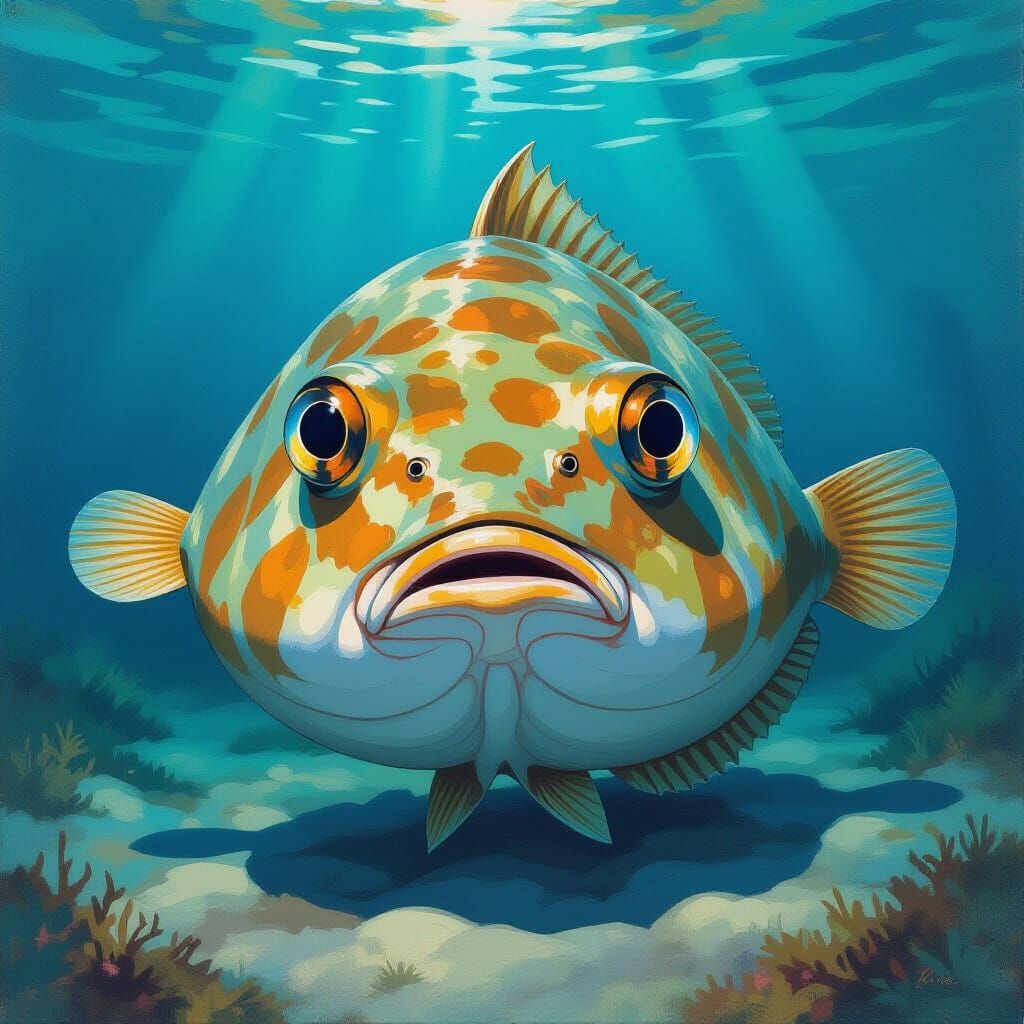 Flounder Fish With Enormous Eyes Gouache Painting