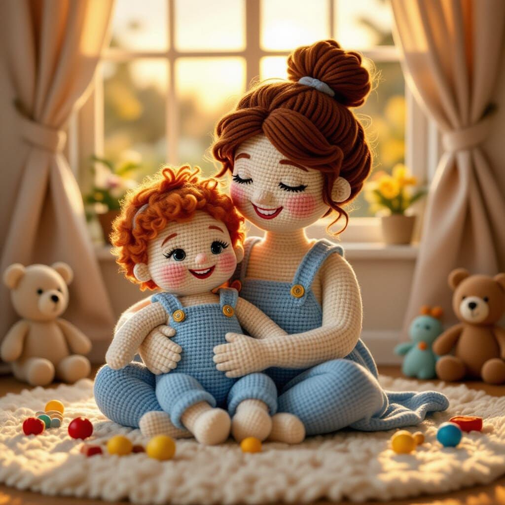 Crocheted Baby and Mom in Sunset Light