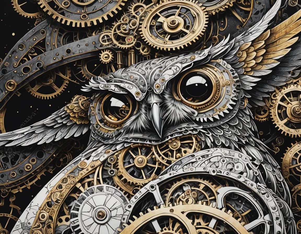 Steampunk Mechanical Owl in Flight: Expressionist Line Drawi...