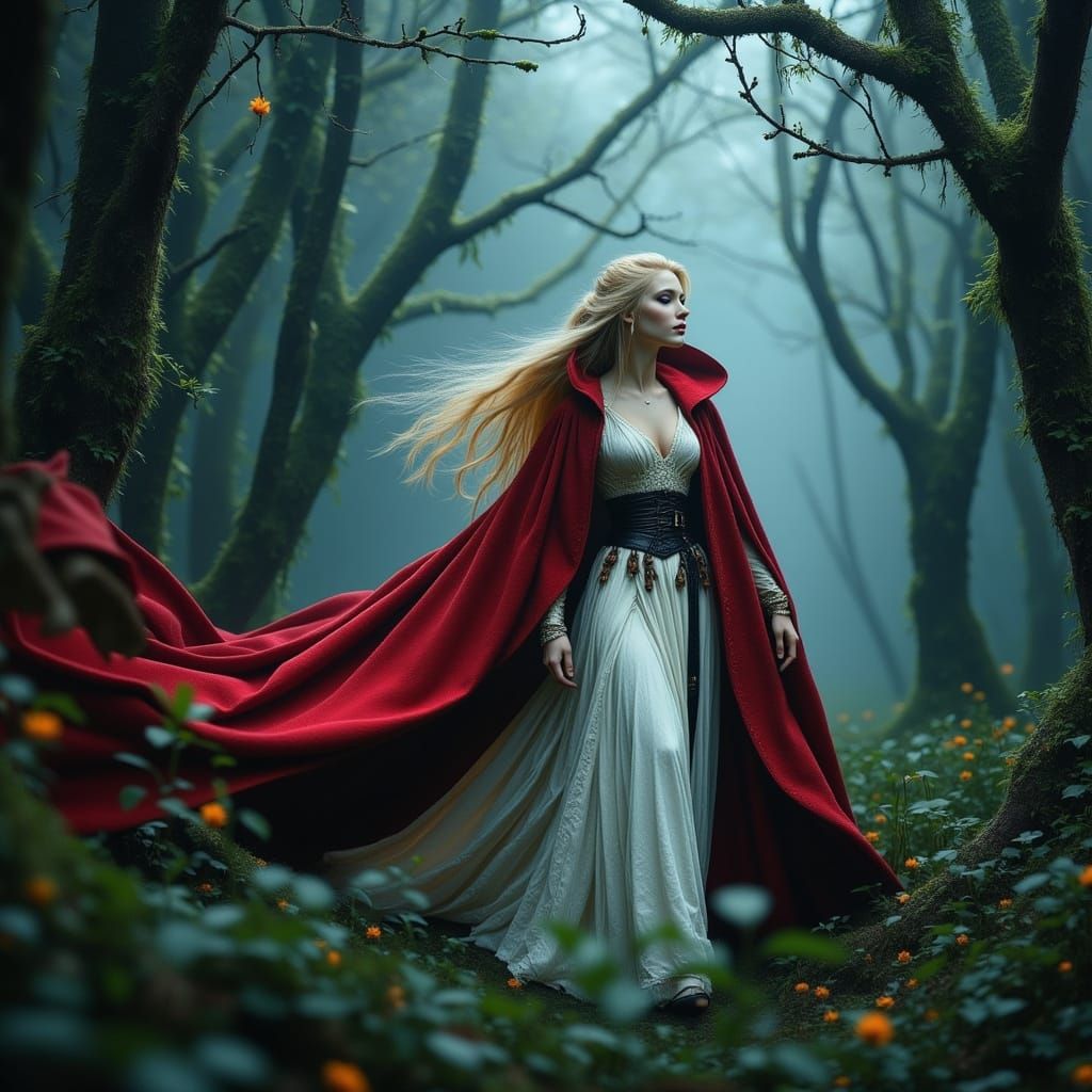 Full-Figured Princess in Misty Woods, Crimson Cloak