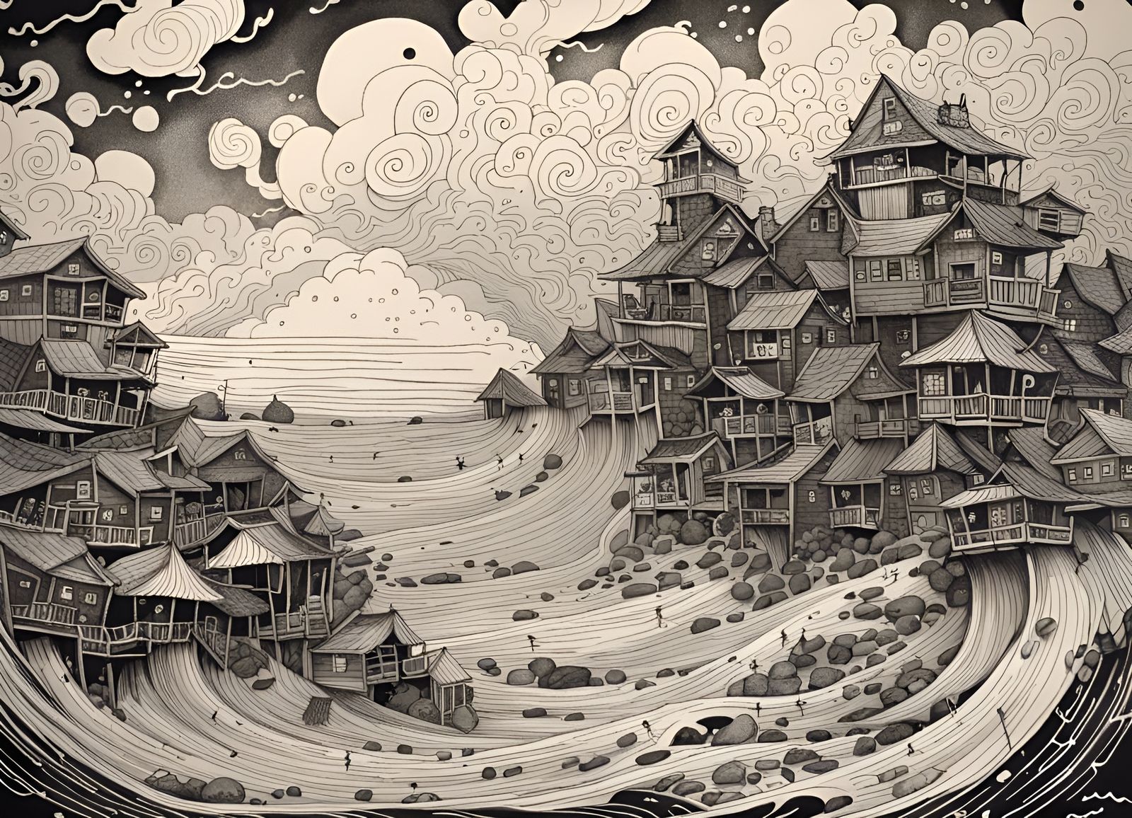 Hurricane Winds Sweep Fantasy Village: Patterned Ink Art