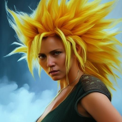 Hyperrealistic Super Saiyan Female in Combat, Oil Painting