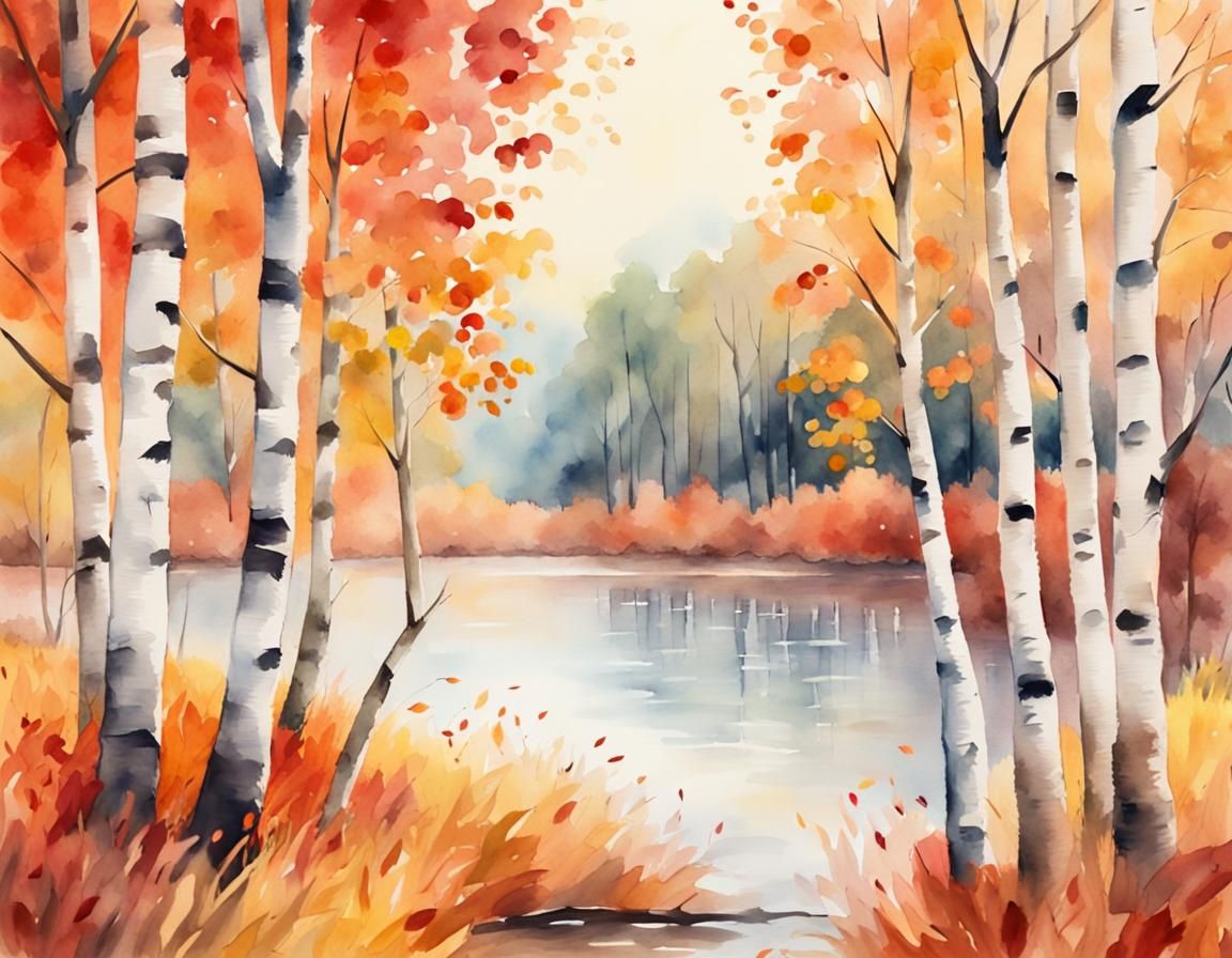 Autumn Birch Forest in Watercolor Painting