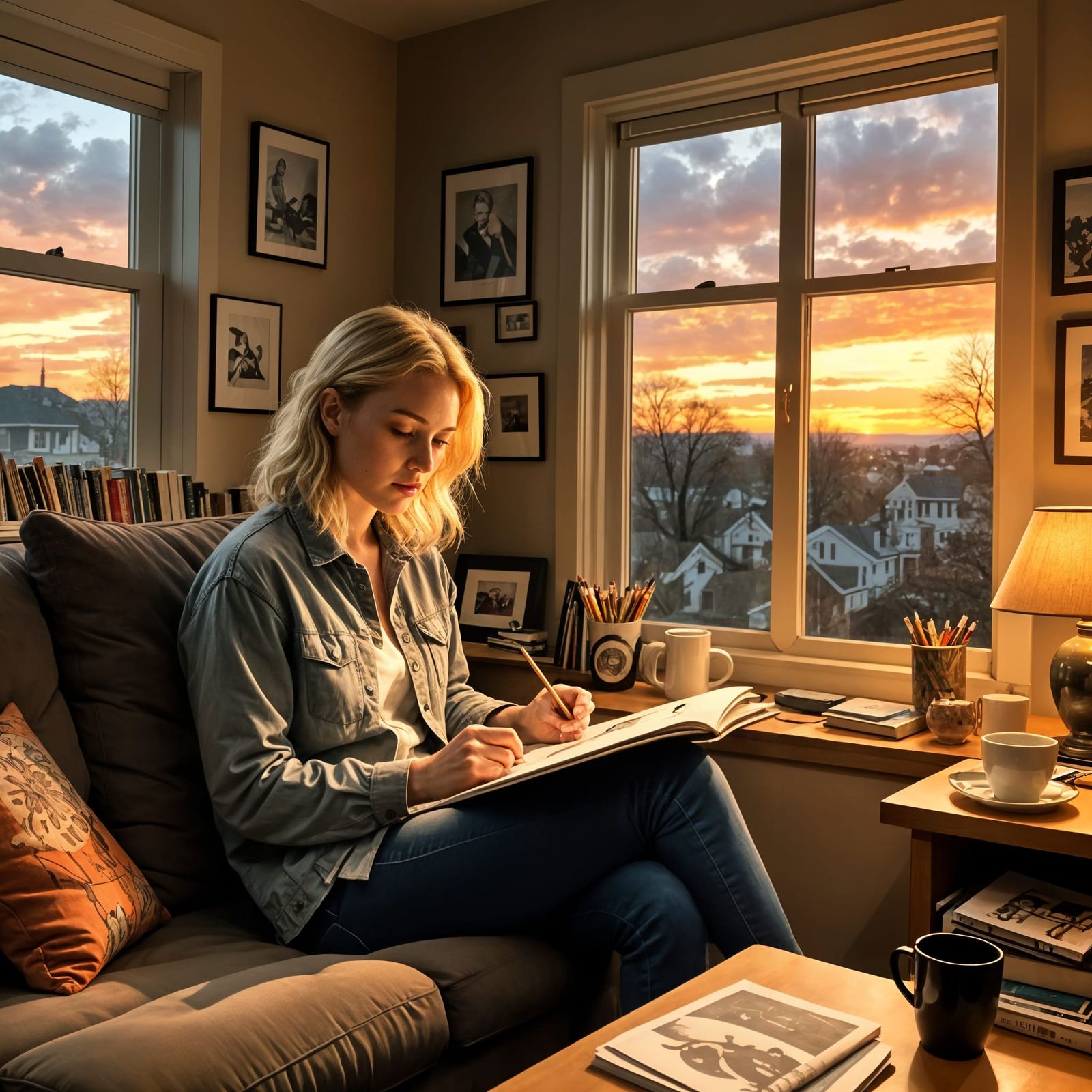 Artist Working on Ink Drawing in Cozy Nook with Sunset View