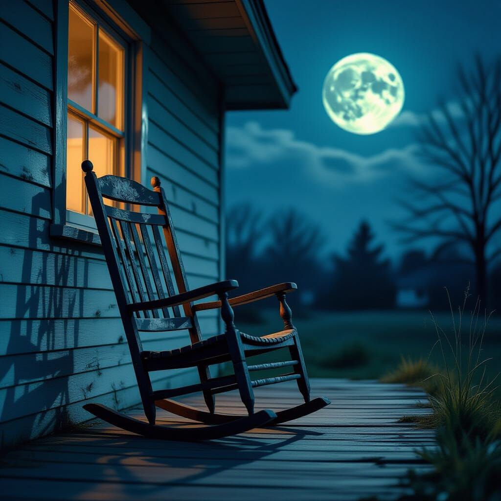 Eerie Moonlight: Rocking Chair on Dilapidated Porch