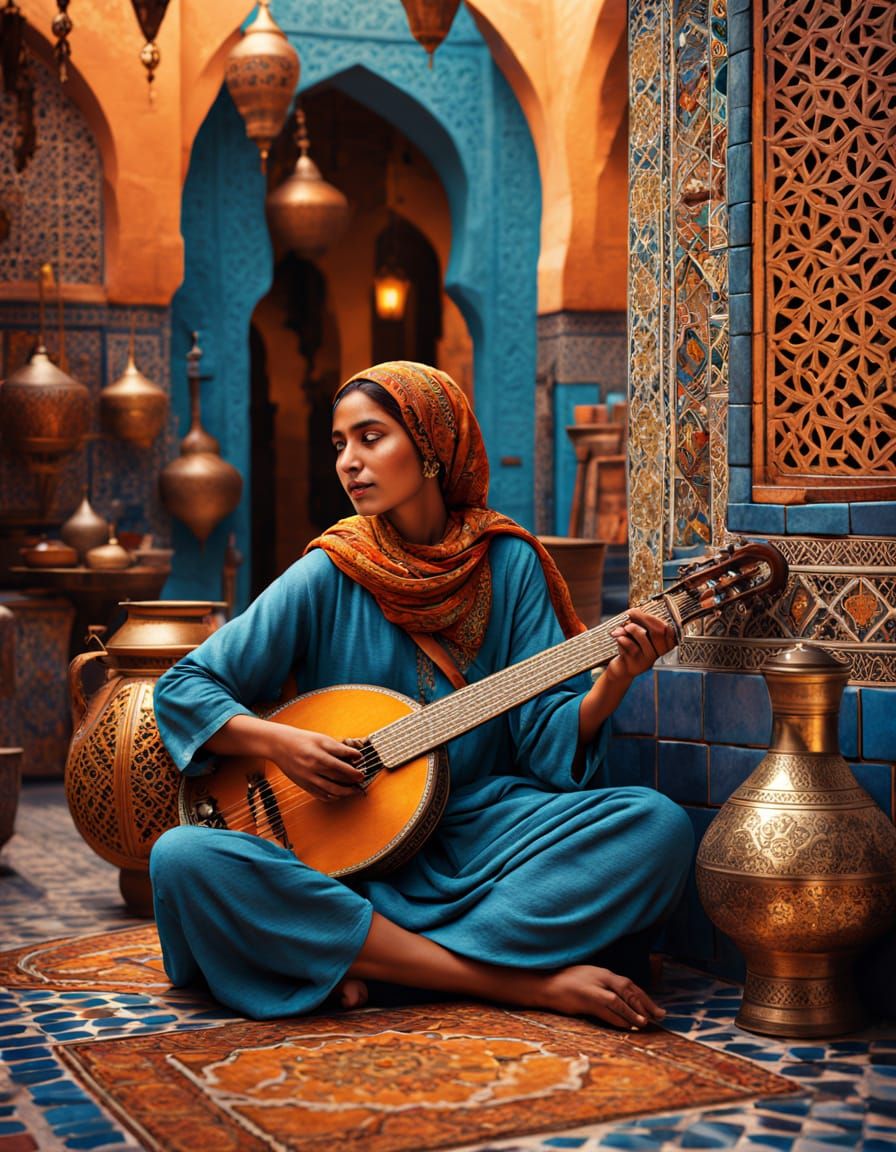 Moroccan Woman Plays Oud in Vibrant Marketplace