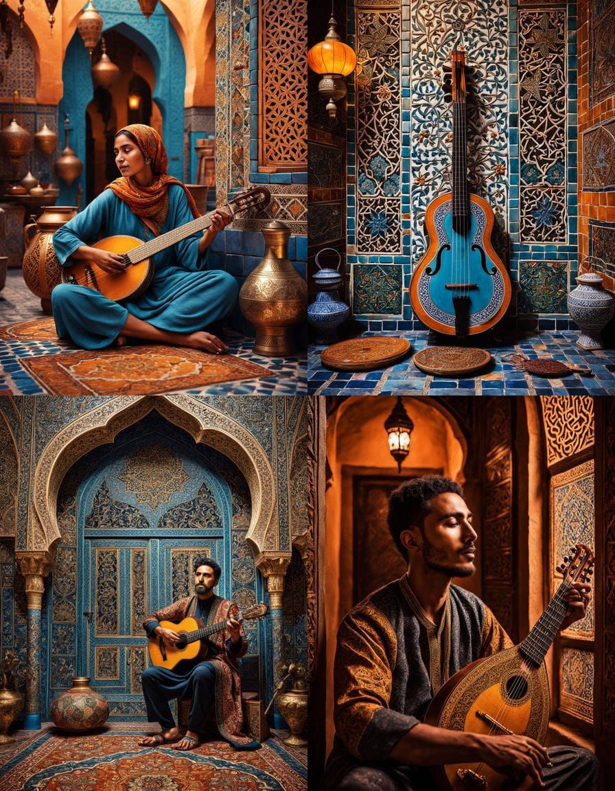 Dramatic Moroccan Music Fusion in Splash Art Style