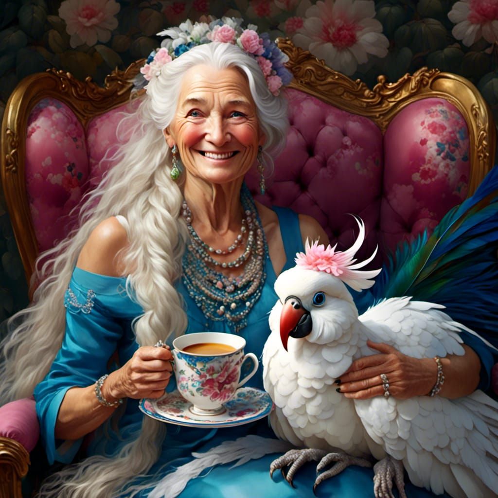 Elegant Woman with Cockatoo Enjoying Coffee