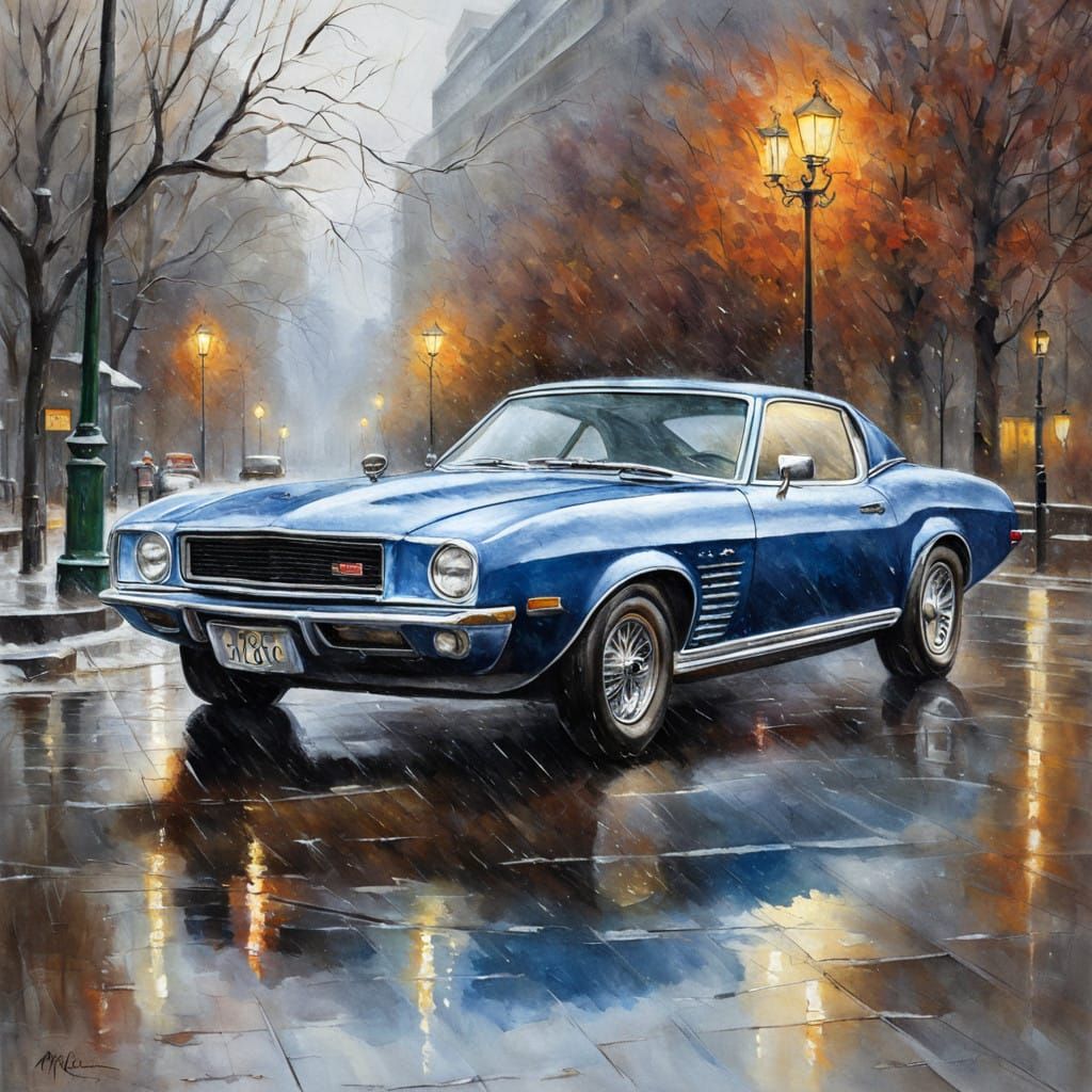 Abandoned car, rainy day