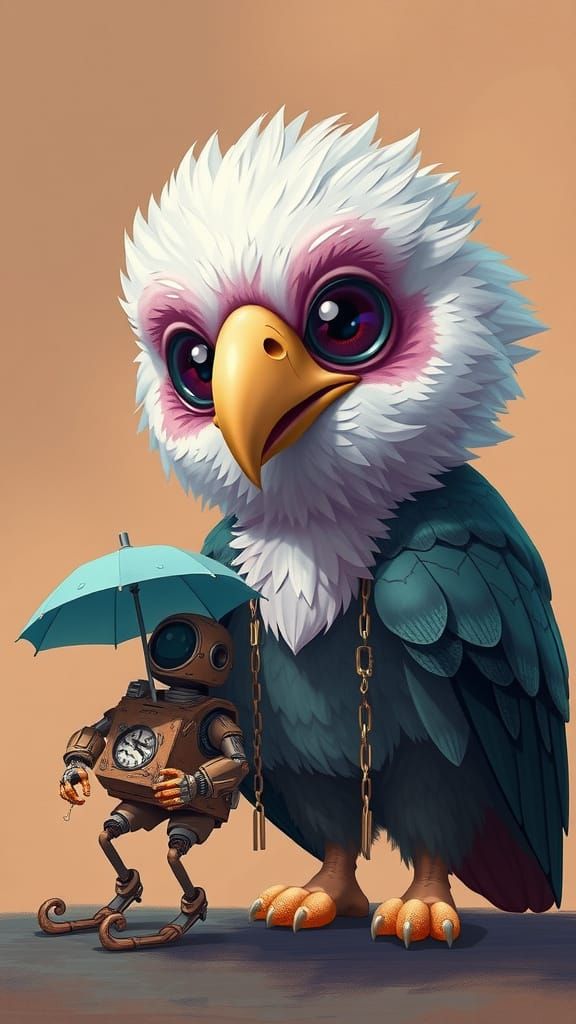 Whimsical Creature with Magical Feathers and Robot Friend, L...