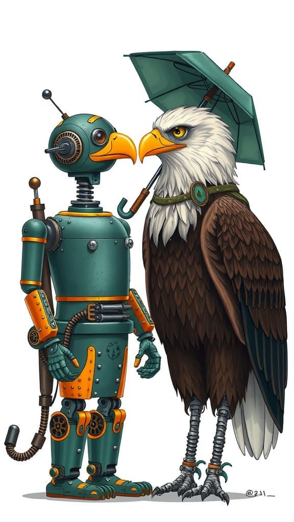 Steampunk Robot and Pudgy Eagle Share a Loving Gaze