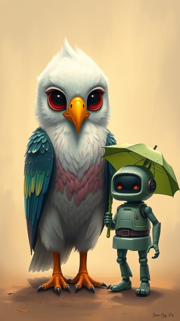 Whimsical Creature with Magical Feathers, Robot, and Napier ...