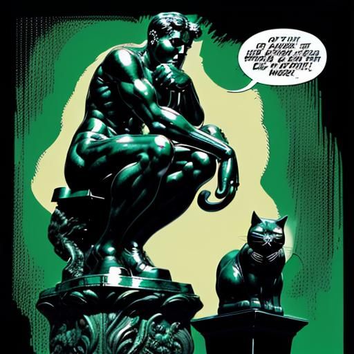 The Thinker Sculpture with Cat, in Pop Art Style