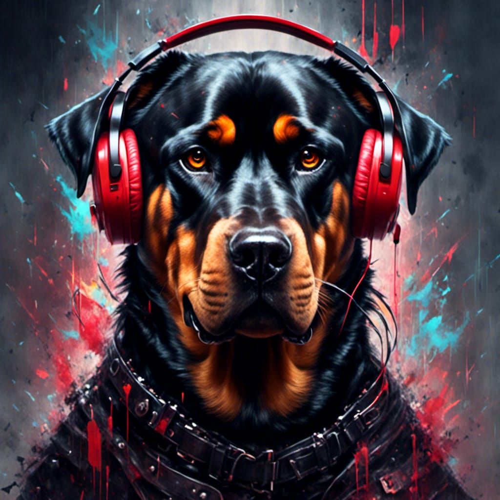Rottweiler DJ Portrait in Cyberpunk Graffiti Style