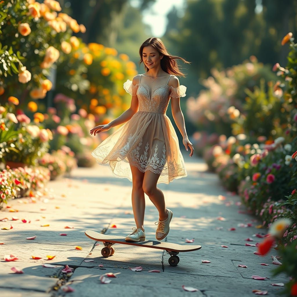 Elegant Skater in Vibrant Garden, 3D Render in Cinematic Sty...