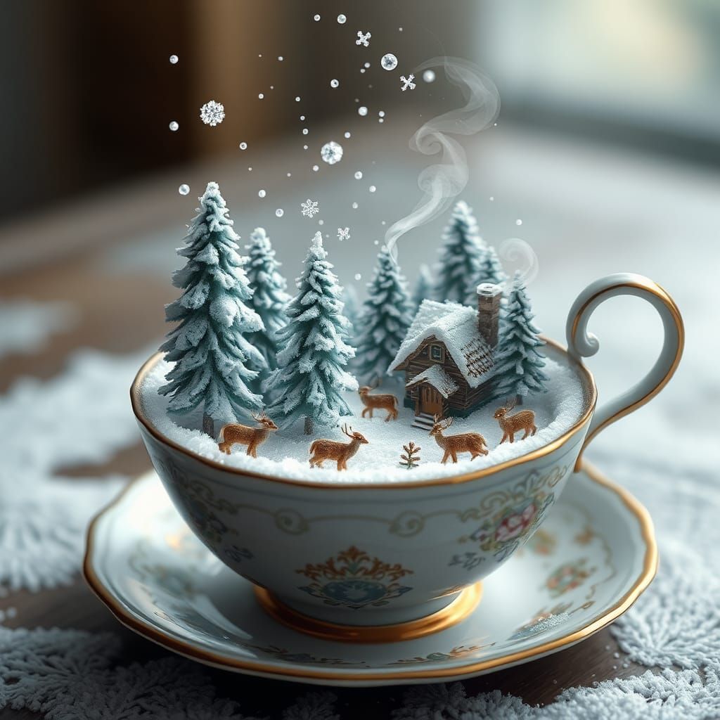 Winter Wonderland Teacup Scene: Dreamy Digital Art