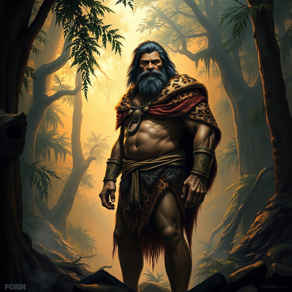 Ancient Caveman in Vibrant Leopard Cloak, Misty Forest Lands...